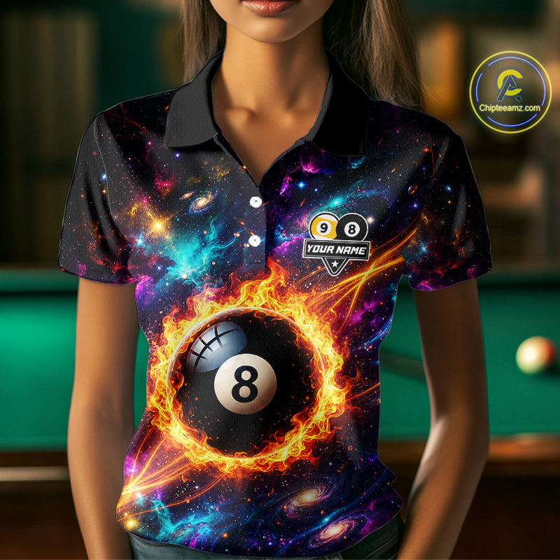 Personalized Galaxy Fire 8 Ball 9 Ball Billiard Shirt For Women, Pool Team Jersey Polo & Quarter Zip TDM7235