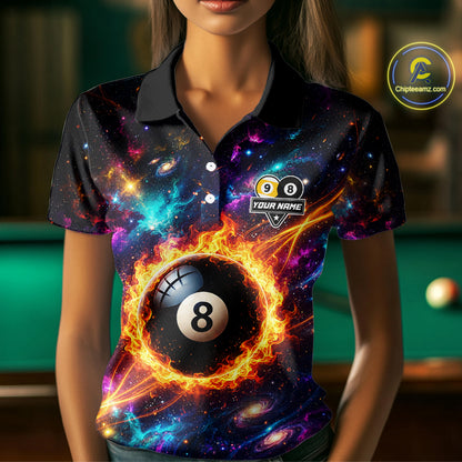 Personalized Galaxy Fire 8 Ball 9 Ball Billiard Shirt For Women, Pool Team Jersey Polo & Quarter Zip TDM7235