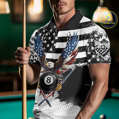 Custom Eagle American Flag 8 Ball Billiard Shirt For Men, Grunge Pool Team Jersey Polo & 1/4 Zip TDM5718