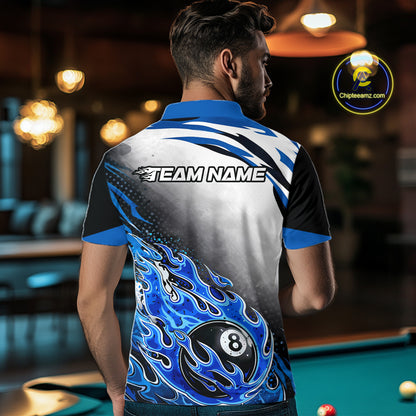 Blue Flaming 8 Ball Billiard Jersey Custom Men's Billiard Polo & Quarter Zip, Pool Team Jersey TDM5725
