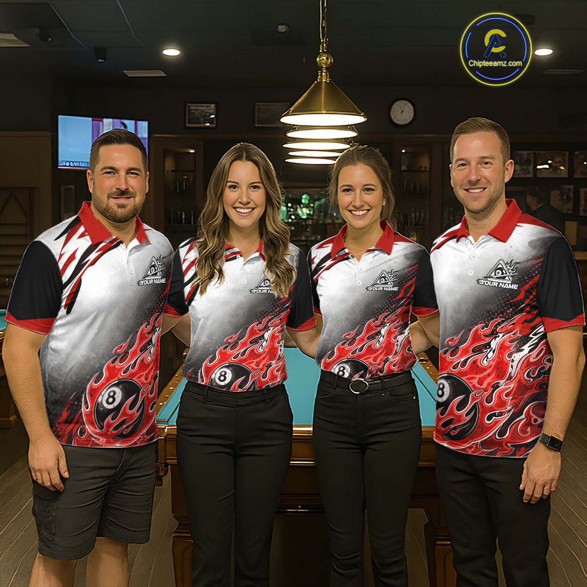 Red Flaming 8 Ball Billiard Jersey Custom Men's Billiard Polo & Quarter Zip, Pool Team Jersey TDM5726
