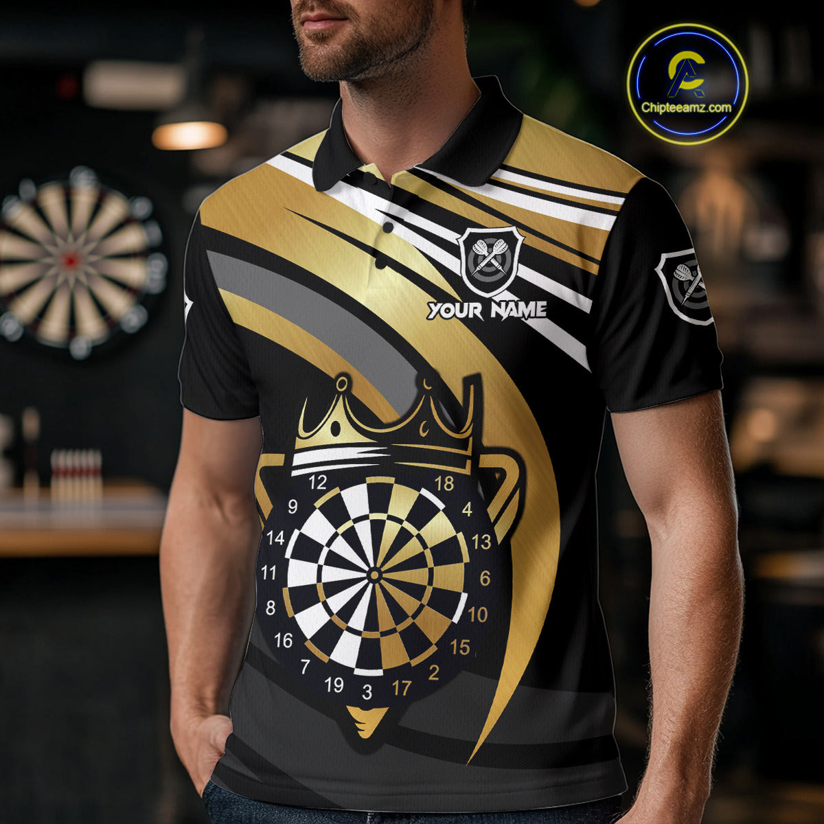 Black And Gold Dartboard Crown Darts Shirt For Men Custom Darts Sport Jersey Team Polo & 1/4 Zip TDM4793
