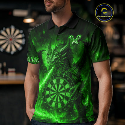 Green Flaming Dragon Darts Jersey For Men Custom Polo & Quarter Zip Darts League Team Shirt TDM5489
