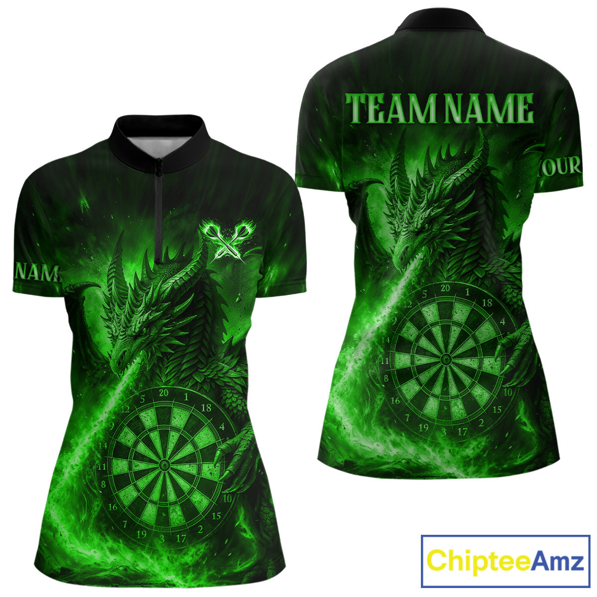 Green Flaming Dragon Darts Jersey For Women Custom Polo & Quarter Zip Darts League Team Shirt TDM5489