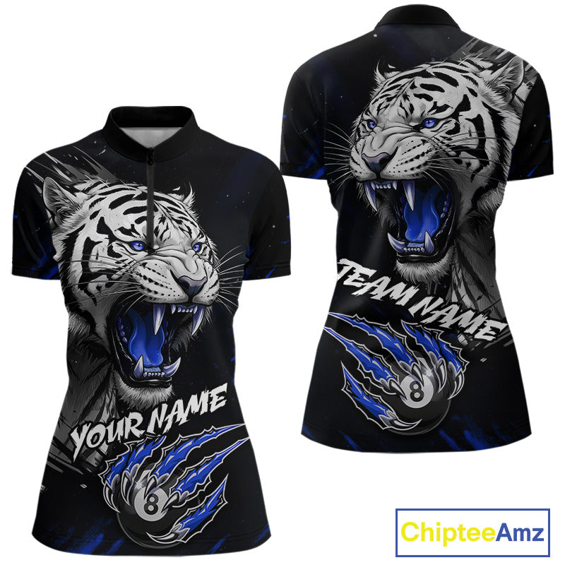 Personalized Tiger 8 Ball Pool Billiard Shirt For Women, Billiard Team Jersey Polo & 1/4 Zip |Blue TDM5496