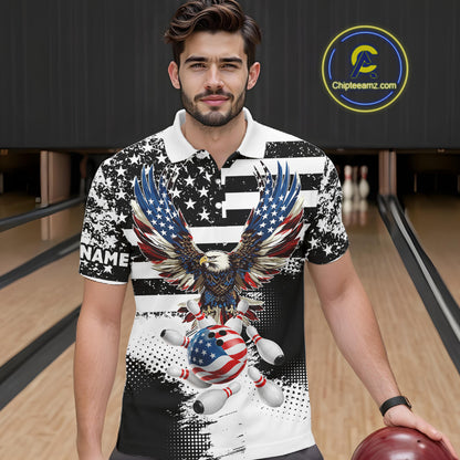 Custom Bowling Shirts For Men, Grunge Eagle American Flag Bowling Jersey Team Polo & 1/4 Zip TDM6545