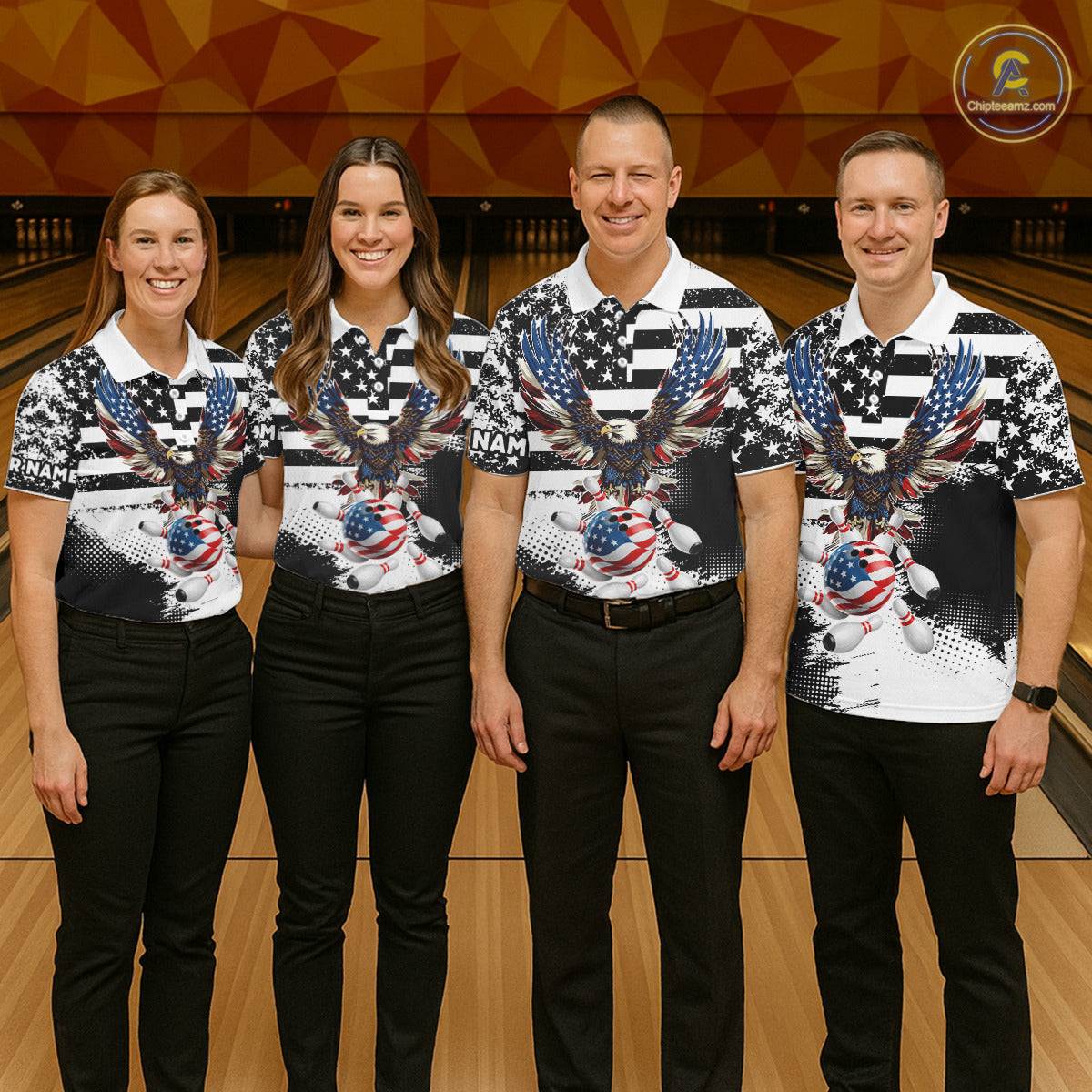 Custom Bowling Shirts For Women, Grunge Eagle American Flag Bowling Jersey Team Polo & 1/4 Zip TDM6545