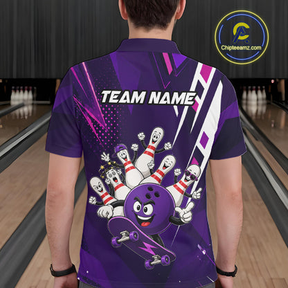 Man wearing personalized purple funny skateboarding bowling ball bowling team jersey polo shirt featuring skateboarding bowling ball artwork, back view.