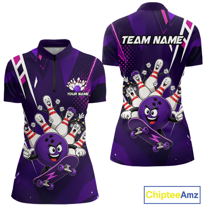 Personalized purple funny skateboarding bowling ball bowling team jersey quarter zip shirt for women featuring funny skateboarding bowling ball artwork, premium custom bowling apparel.