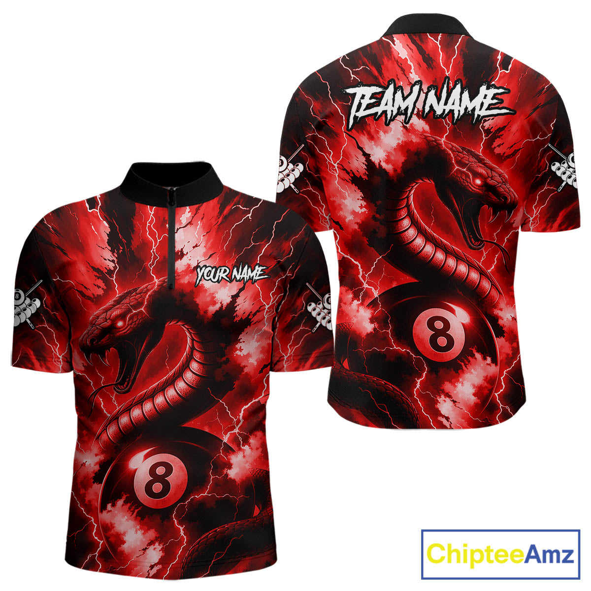 Red 8 Ball Thunder Lightning Cobra Snake Billiard Shirt For Men Custom Billiard League Pool Jersey TDM4840