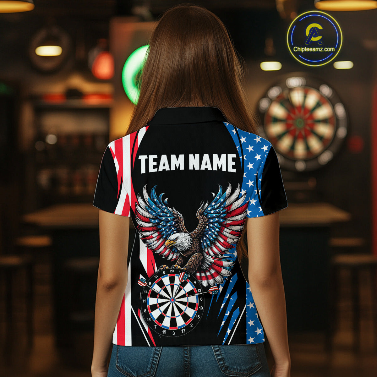 Personalized American Flag Eagle Patriotic Darts Shirt For Women Custom Darts Jersey Polo & 1/4 Zip TDM4859