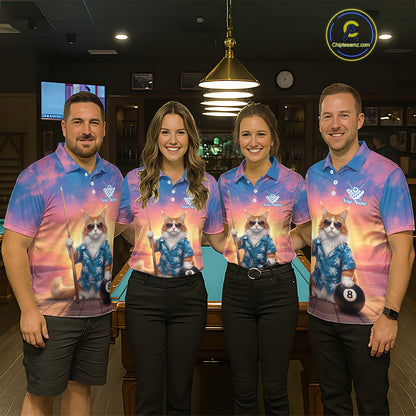 Personalized Funny Cat Sunset Billiard Shirt For Women Custom 8 Ball Pool Team Jersey Polo & 1/4 Zip TDM6414
