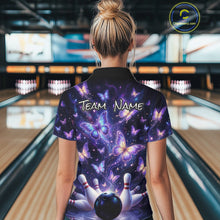 Load image into Gallery viewer, Custom Purple Butterfly Bowling Shirt For Women, Glowing Bowling Team Jersey Polo &amp; 1/4 Zip TDM6225