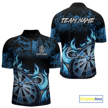 Load image into Gallery viewer, Black And Blue Dartboard Tribal Flame Darts Polo &amp; 1/4 Zip For Men Custom Darts Team Jersey TDM6013