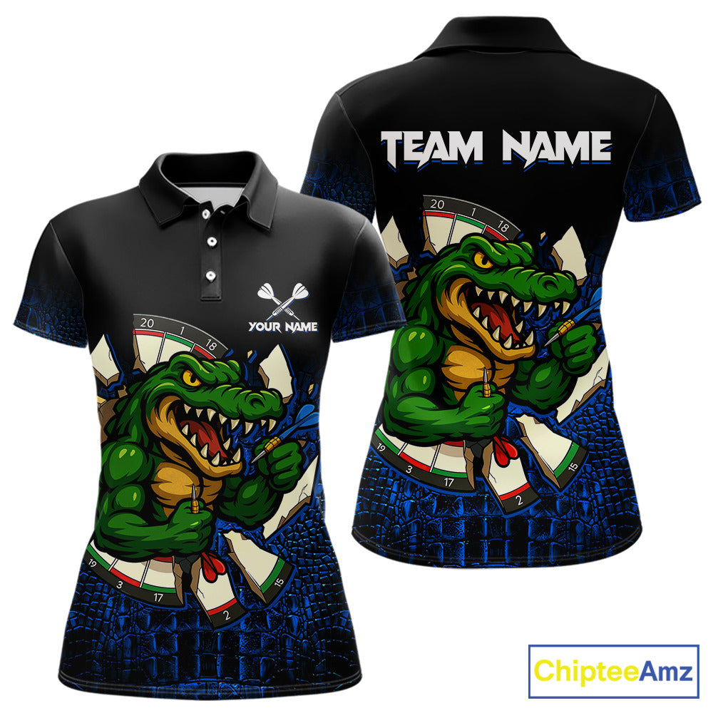 Custom Black and Blue Funny Alligator Darts Polo Shirt for Women Designed for Personalized Darts Team Jerseys with Premium Athletic Performance and Creative Character Graphics