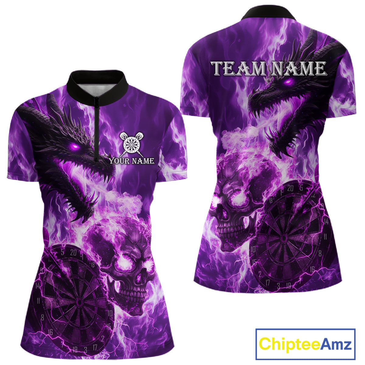 Personalized Purple Flaming Dragon And Skull Darts Shirt For Women Custom 3D Fire Darts Team Jersey TDM4959
