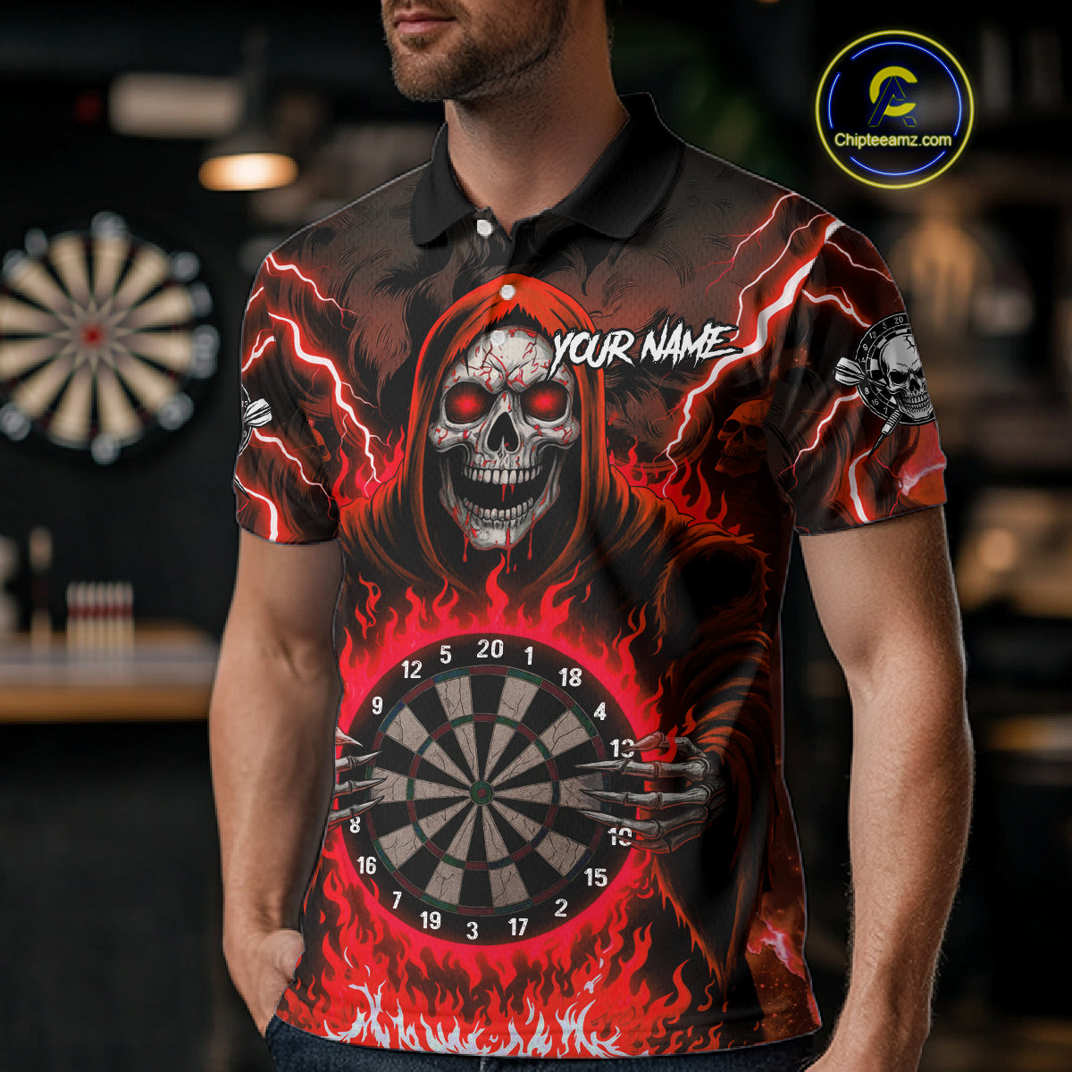 Red Grim Reaper Thunder Lightning Mens Dart Shirts Custom Flame Dart Jerseys Team Polo & 1/4 Zip TDM5175