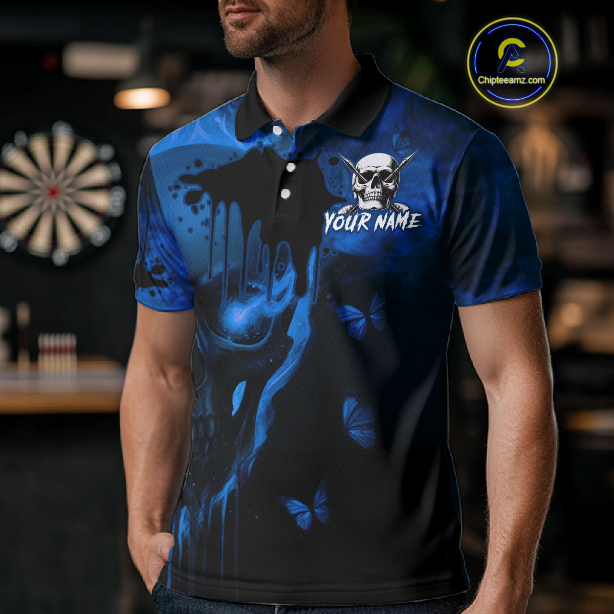 Black And Blue Grunge Skull Butterflies Darts Shirt For Men Custom Dart Jersey Team Polo & 1/4 Zip TDM4993