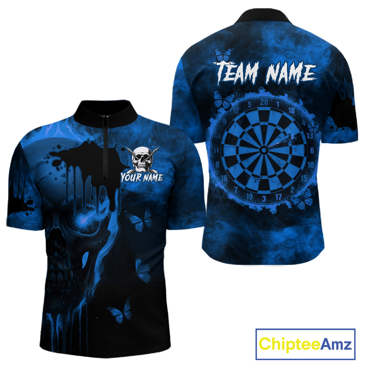 Black And Blue Grunge Skull Butterflies Darts Shirt For Men Custom Dart Jersey Team Polo & 1/4 Zip TDM4993