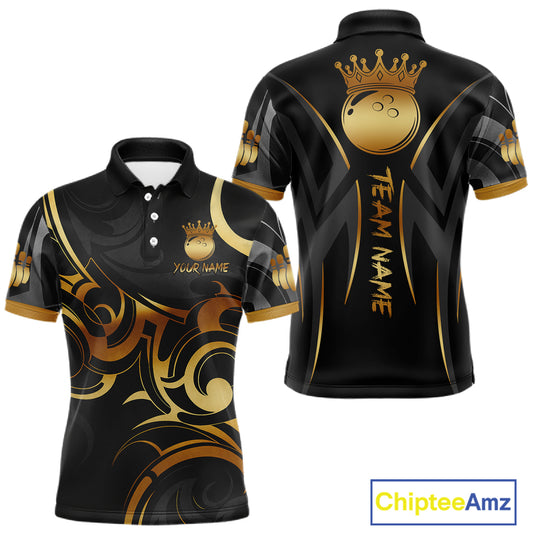 Black And Gold Custom Crown Tribal Bowling Shirt For Men, Bowling Team Jersey Polo & 1/4 Zip TDM6086