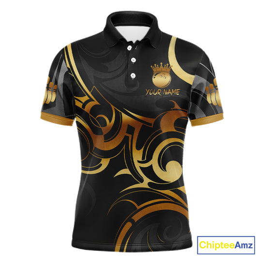 Black And Gold Custom Crown Tribal Bowling Shirt For Men, Bowling Team Jersey Polo & 1/4 Zip TDM6086