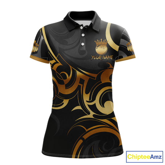 Black And Gold Custom Crown Tribal Bowling Shirt For Women, Bowling Team Jersey Polo & 1/4 Zip TDM6086