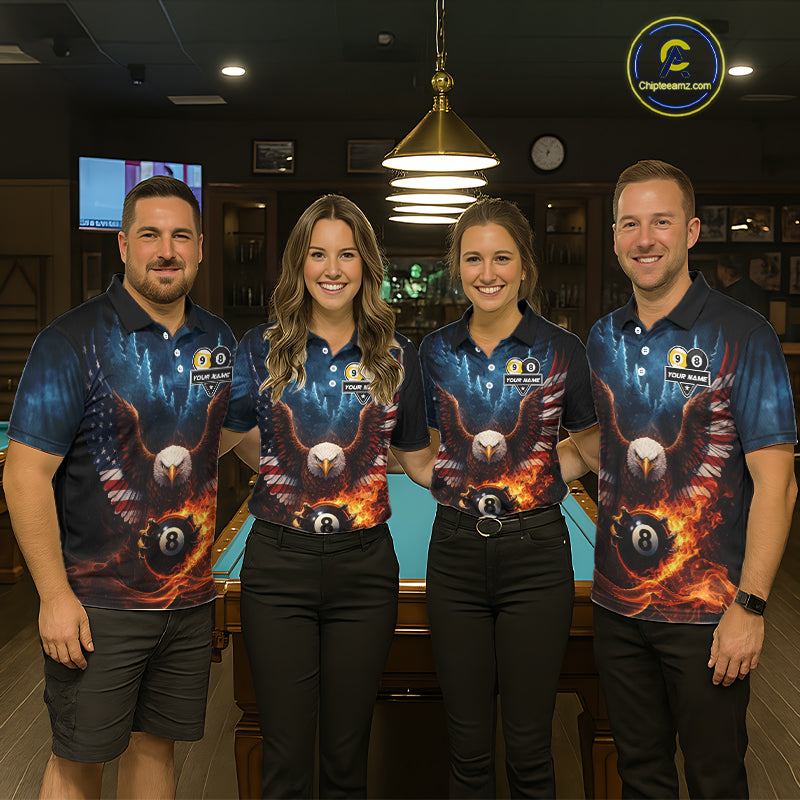 American Flag Eagle 8 Ball & 9 Ball Flame Billiard Shirt For Women Custom Patriotic Billiard Jersey TDM5755