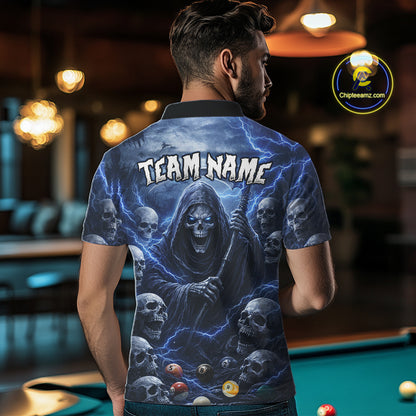 Blue Grim Reaper Lightning Billiard Shirt For Men Custom Skull Pool Team Jersey Polo & 1/4 Zip TDM5963