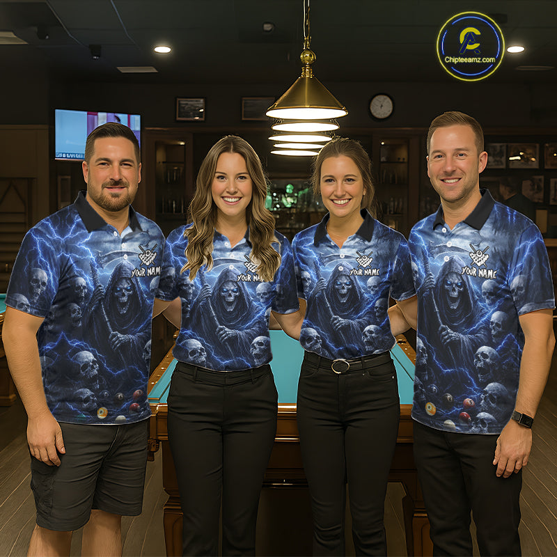 Blue Grim Reaper Lightning Billiard Shirt For Women Custom Skull Pool Team Jersey Polo & 1/4 Zip TDM5963