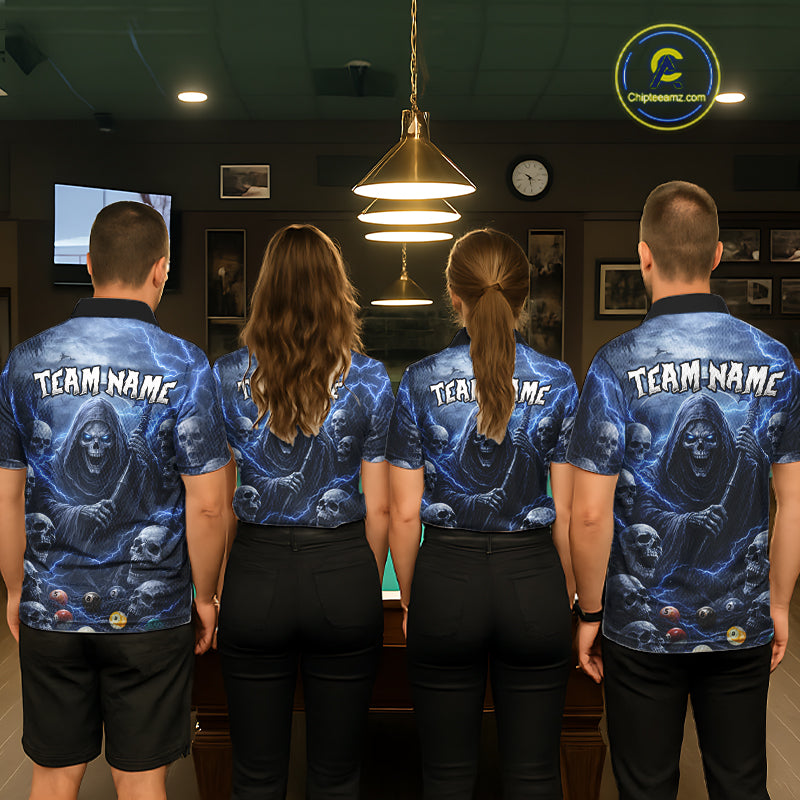 Blue Grim Reaper Lightning Billiard Shirt For Women Custom Skull Pool Team Jersey Polo & 1/4 Zip TDM5963