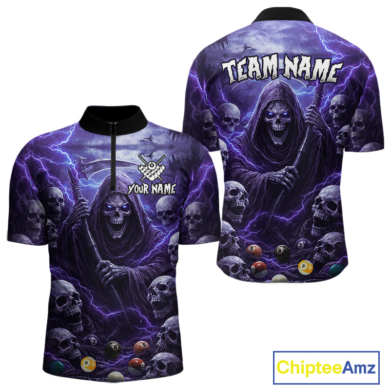 Purple Grim Reaper Lightning Billiard Shirt For Men Custom Skull Pool Team Jersey Polo & 1/4 Zip TDM5964