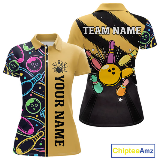 Personalized Funny Neon Bowing Shirt For Women, Retro Bowling Team Jersey Polo & 1/4 Zip | Yellow TDM6186