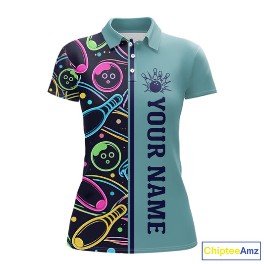 Personalized Funny Neon Bowing Shirt For Women, Retro Bowling Team Jersey Polo & 1/4 Zip | Teal TDM6187