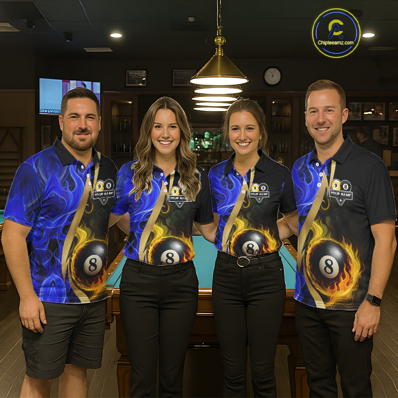 Blue 8 Ball & 9 Ball Fire Flame Billiard Shirt For Men Custom Pool Team Shirts, Billiard Jersey TDM5350