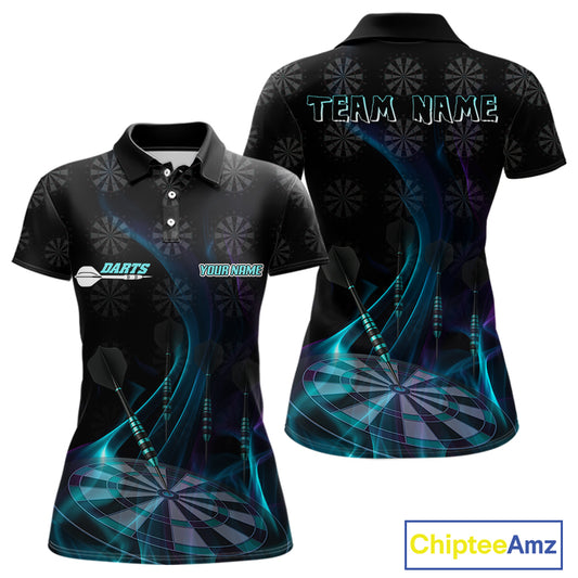 Flaming Dartboard 3D & Dart Arrow Turquoise Women's Darts Shirt Custom Name For Players NYN0692