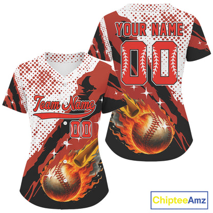 Custom Red And White Flames Baseball Ball Jersey For Women Baseball Tournament Shirt NYN0942