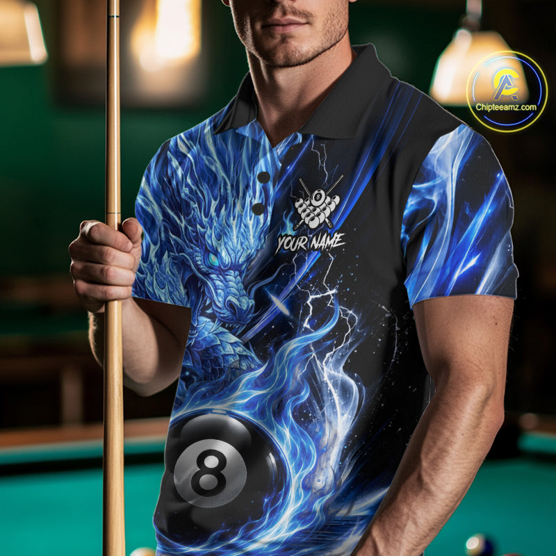 Fire Flame Blue 8 Ball Billiard Dragon Shirts For Men Custom Dragon Team Billiard Jerseys NYN3950