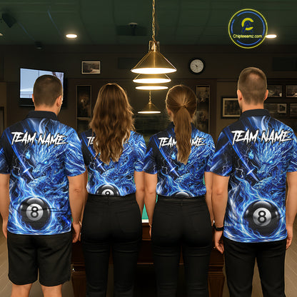 Fire Flame Blue 8 Ball Billiard Dragon Shirts For Men Custom Dragon Team Billiard Jerseys NYN3950