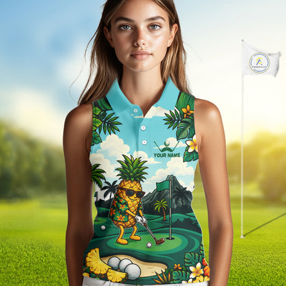 Funny Pineapple Golfer Womens Monstera Tropical Sleeveless Polo Shirts Custom Golf Team Outfits Golf Gifts NYN3960