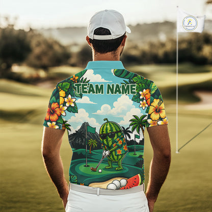 Funny Watermelon Golfer Mens Monstera Tropical Polo Shirts Custom Golf Team Outfits Golf Gifts NYN3961