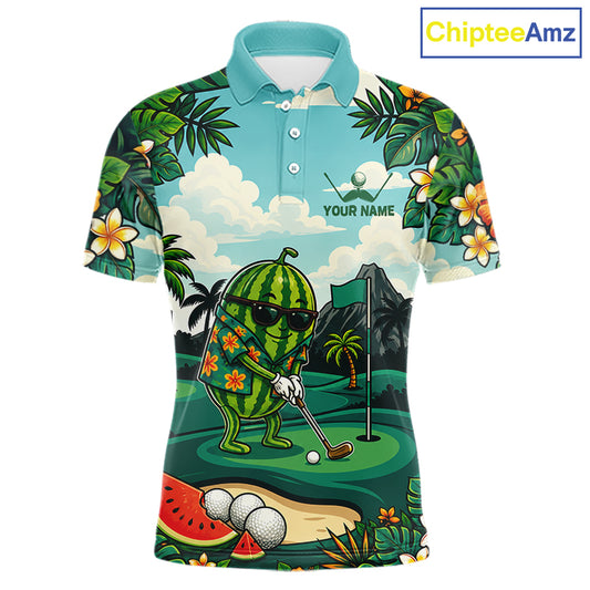 Funny Watermelon Golfer Mens Monstera Tropical Polo Shirts Custom Golf Team Outfits Golf Gifts NYN3961