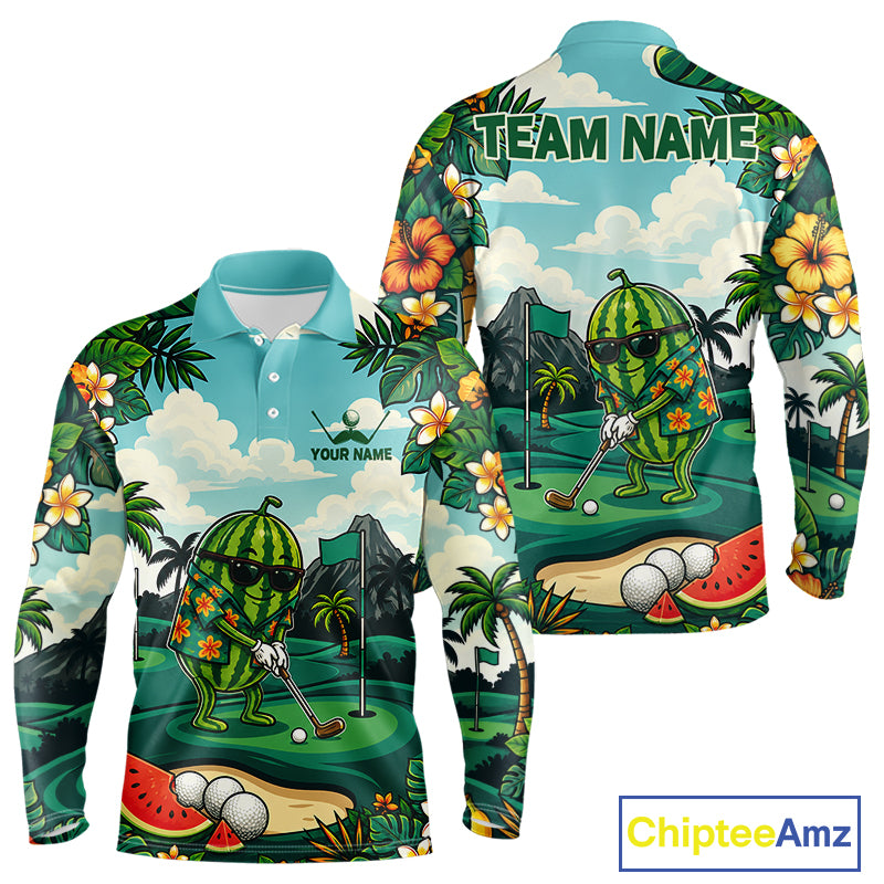 Funny Watermelon Golfer Mens Monstera Tropical Polo Shirts Custom Golf Team Outfits Golf Gifts NYN3961