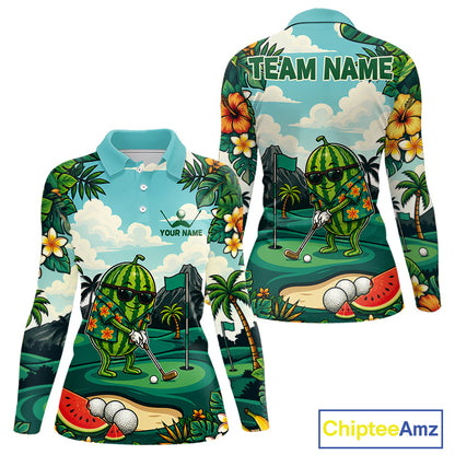Funny Watermelon Golfer Womens Monstera Tropical Polo Shirts Custom Golf Team Outfits Golf Gifts NYN3961