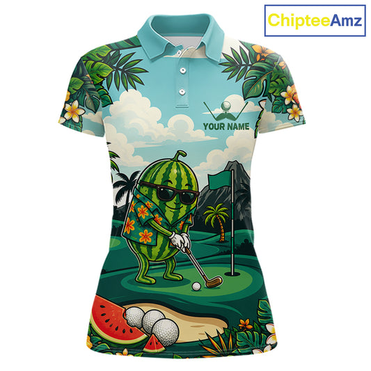 Funny Watermelon Golfer Womens Monstera Tropical Polo Shirts Custom Golf Team Outfits Golf Gifts NYN3961