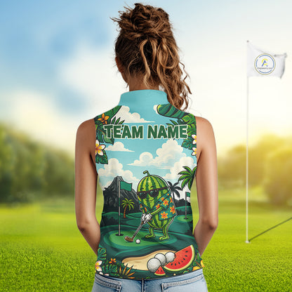 Funny Watermelon Golfer Womens Monstera Tropical Sleeveless Polo Shirts Custom Golf Team Outfits Golf Gifts NYN3961