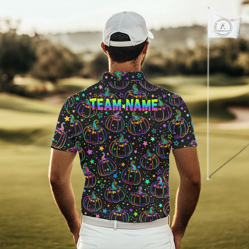 Rainbow Holographic Pumpkin Golf Polo Shirt Custom Halloween Golf Team Attire For Men NYN3962