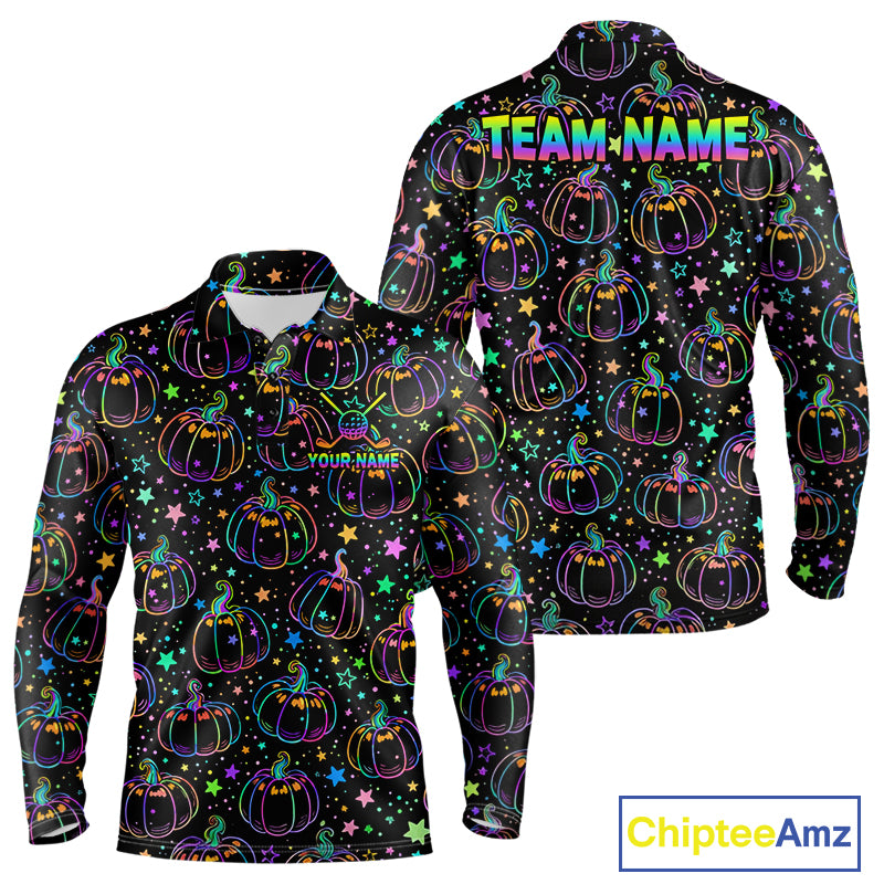 Rainbow Holographic Pumpkin Golf Polo Shirt Custom Halloween Golf Team Attire For Men NYN3962