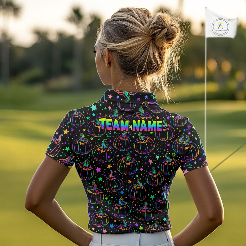 Rainbow Holographic Pumpkin Golf Polo Shirt Custom Halloween Golf Team Attire For Womens NYN3962