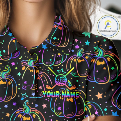 Rainbow Holographic Pumpkin Golf Polo Shirt Custom Halloween Golf Team Attire For Womens NYN3962
