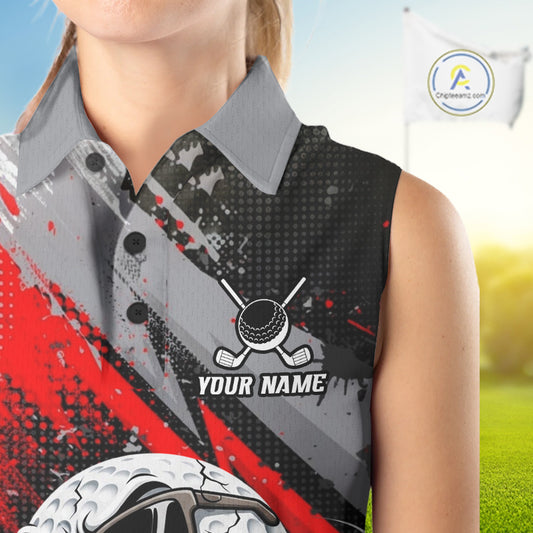 Funny Golfer Womens Golf Sleeveless Polo Shirts Custom Red And Grey Grunge Golf Team Outfits Golf Gifts NYN3963
